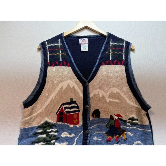 Nutcracker Women's Christmas Button Front Sweater Vest Stretch Size L Beige Blue - Picture 4 of 10